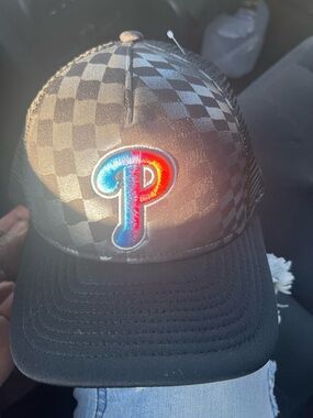 New Era Black Checker Trucker Hat with Multicolor Philadelphia "P" Patch
